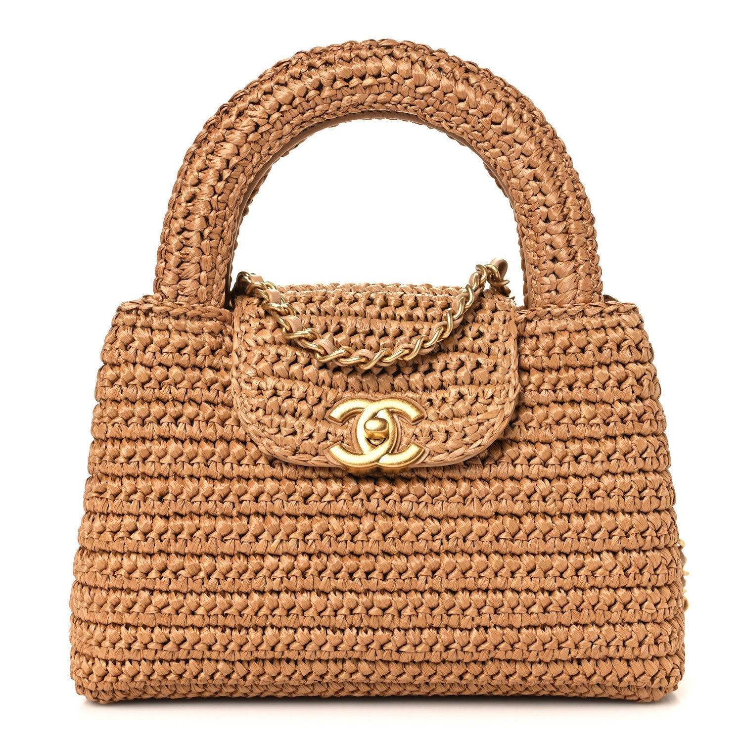 Braided Raffia Nano Kelly Flap Bag Dark Beige