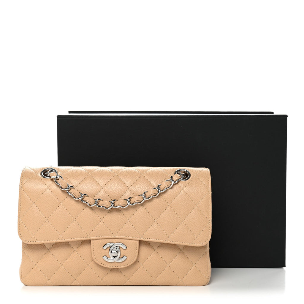 Caviar Quilted Small Double Flap Beige