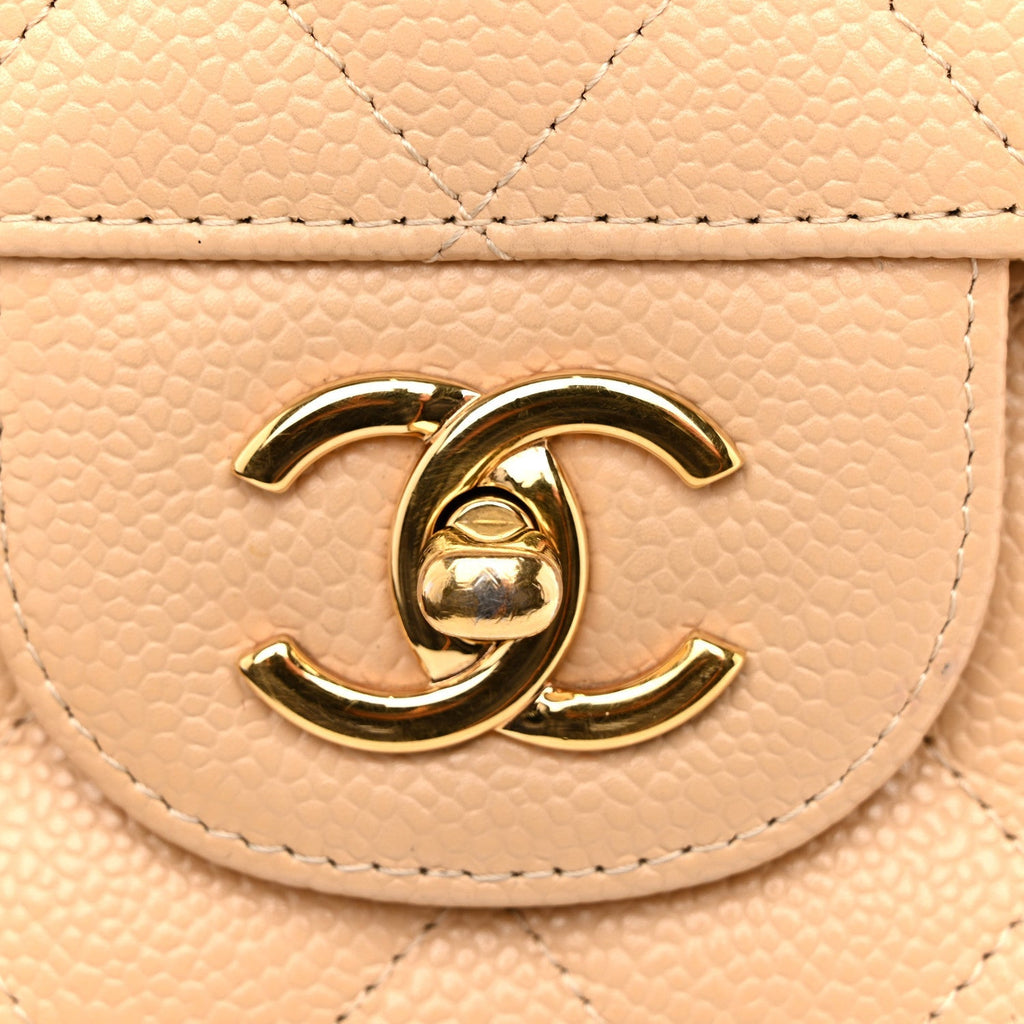 Caviar Quilted Jumbo Double Flap Beige