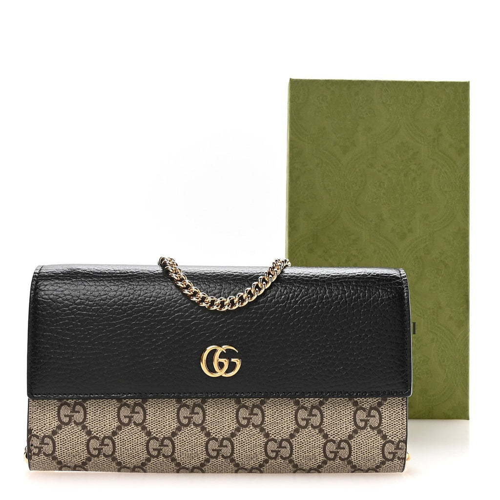 Dollar Calfskin GG Supreme Monogram Petite GG Marmont Wallet Chain Bag Black Beige Ebony
