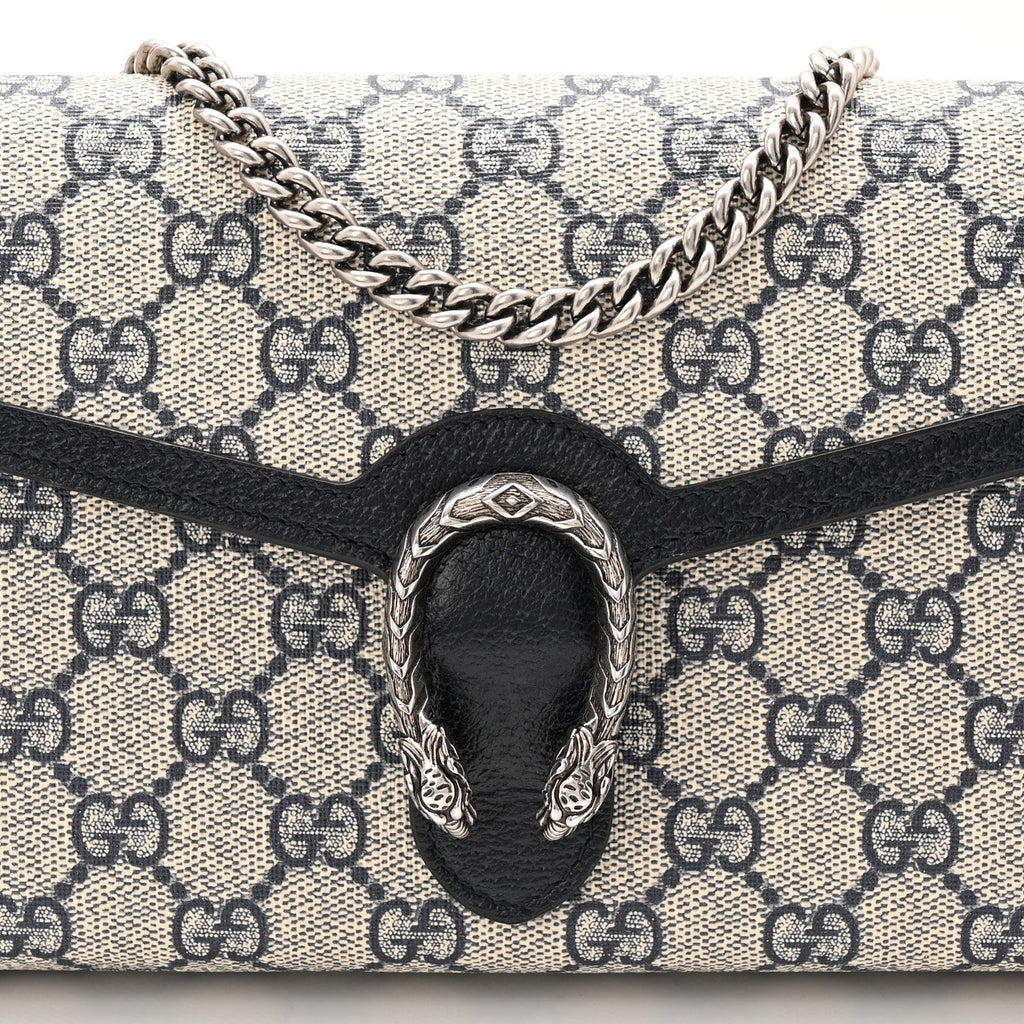 GG Supreme Monogram Textured Dollar Calfskin Mini Dionysus Chain Wallet Beige Blue