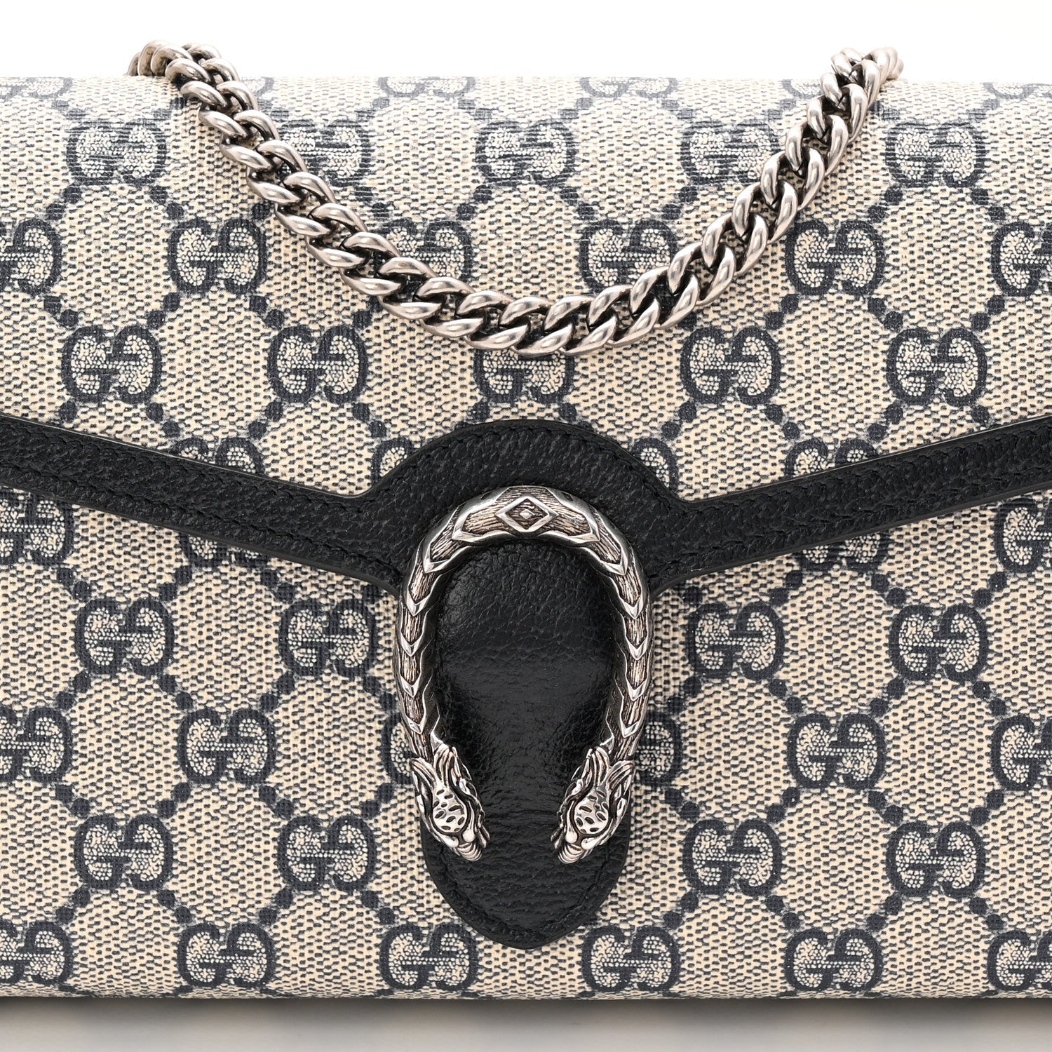 GG Supreme Monogram Textured Dollar Calfskin Mini Dionysus Chain Wallet Beige Blue