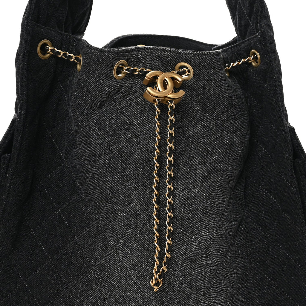 Washed Denim Quilted Medium Chanel 25 Handbag Black