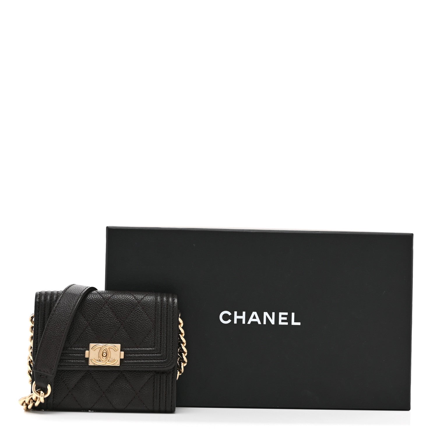 Caviar Quilted Boy Card Holder On Chain Black