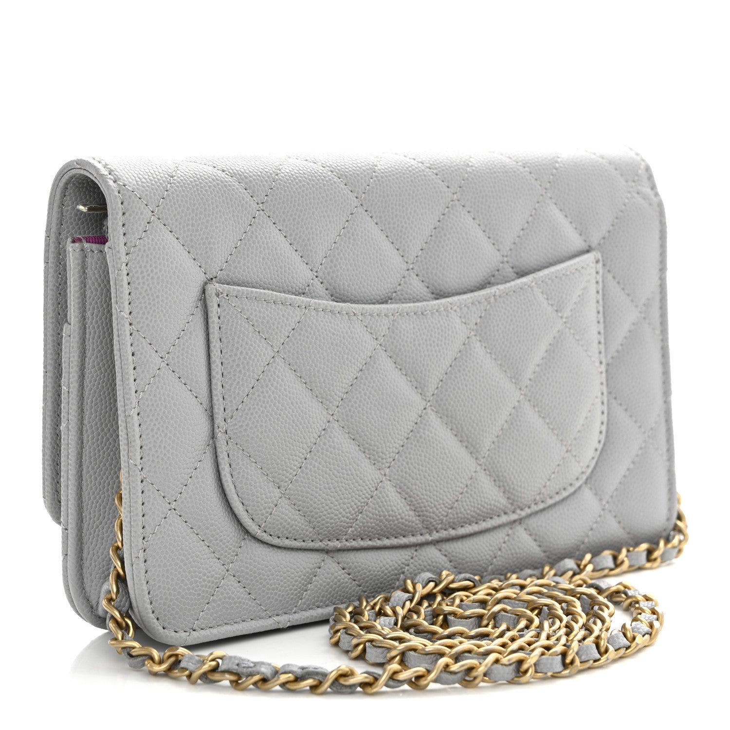 Caviar Quilted Textured CC Wallet On Chain WOC Grey