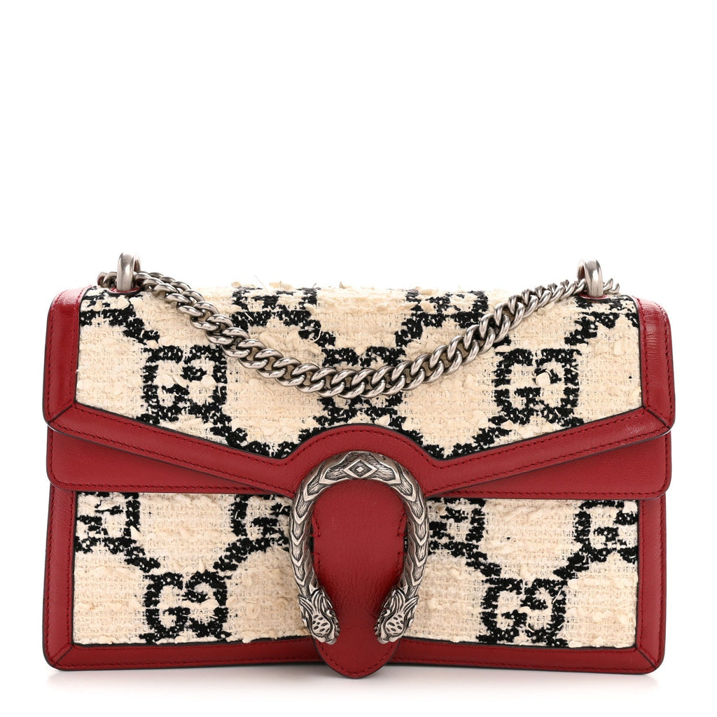 Tweed GG Monogram Small Dionysus Shoulder Bag White Black Romantic Cherry