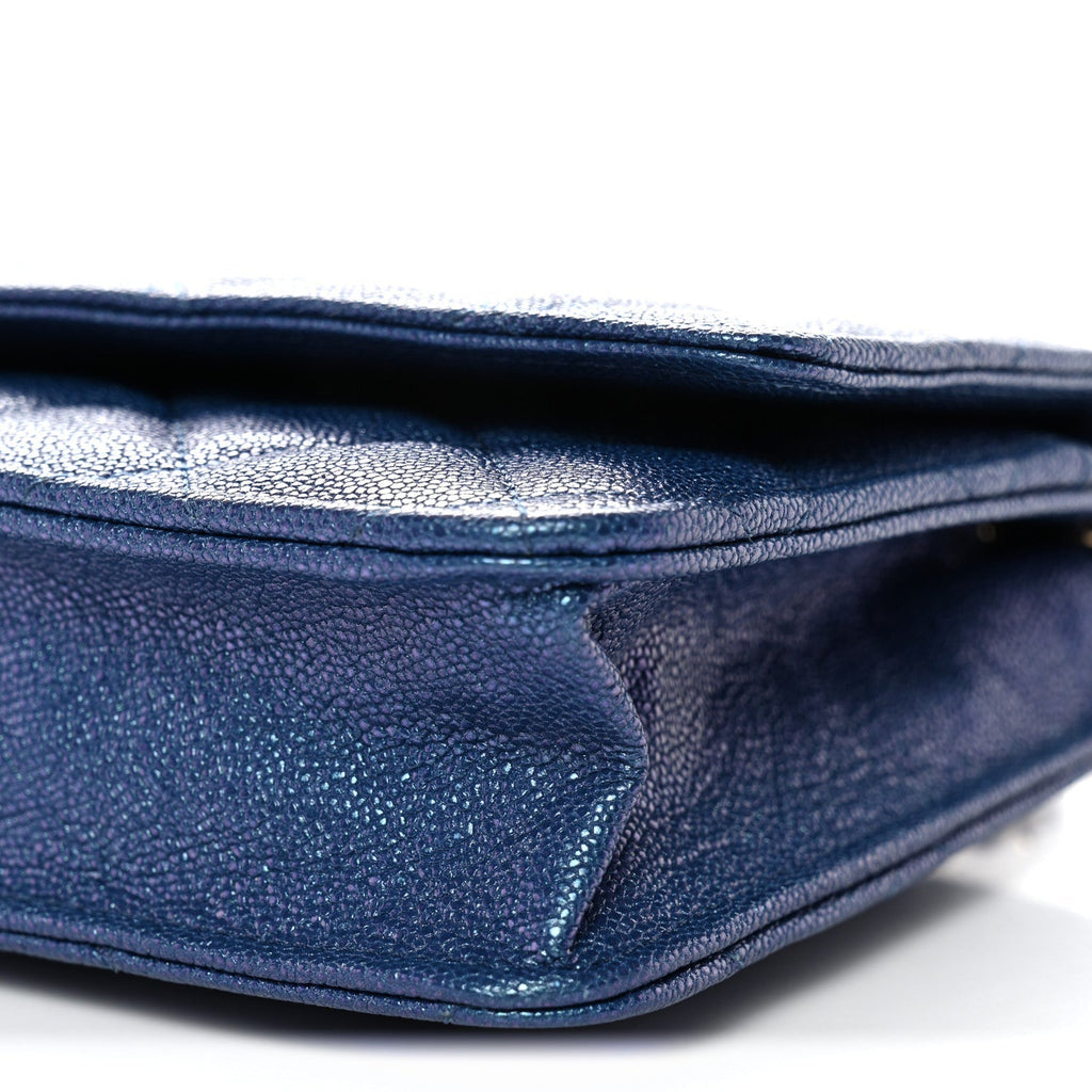 Iridescent Caviar Quilted Wallet on Chain WOC Dark Blue