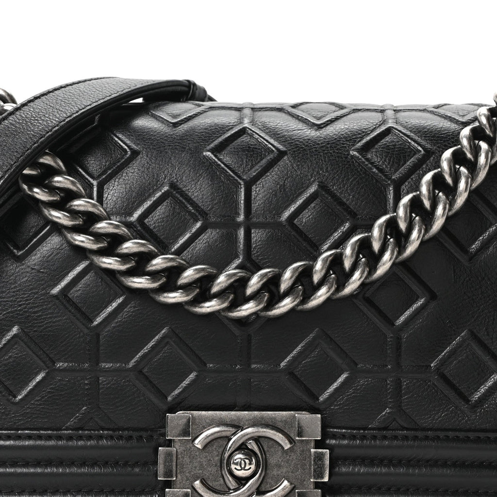 Calfskin Crystal Embossed Medium Boy Flap Black