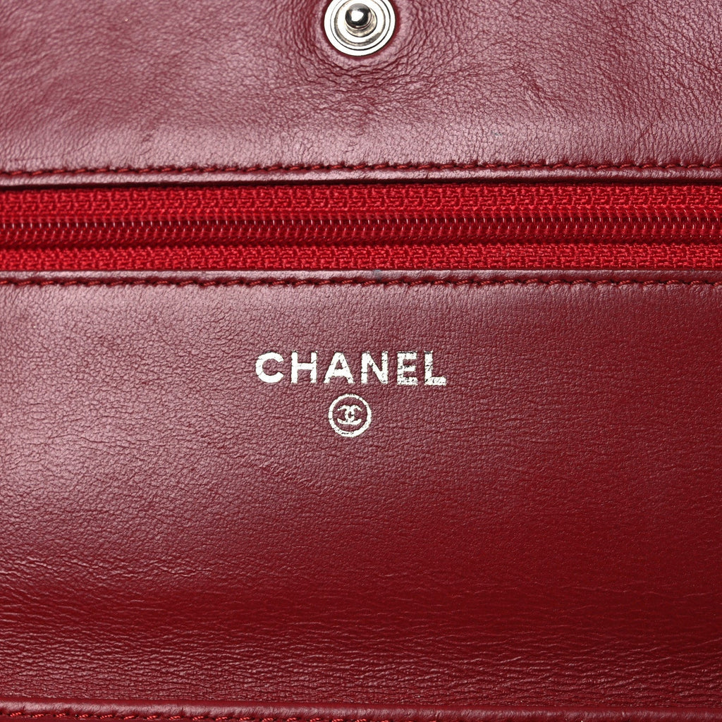 Lambskin Camellia Embossed Wallet on Chain WOC Red