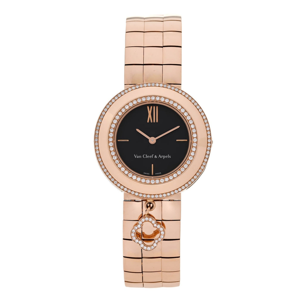 18K Rose Gold Diamond Bezel 32mm Charms Quartz Watch Black