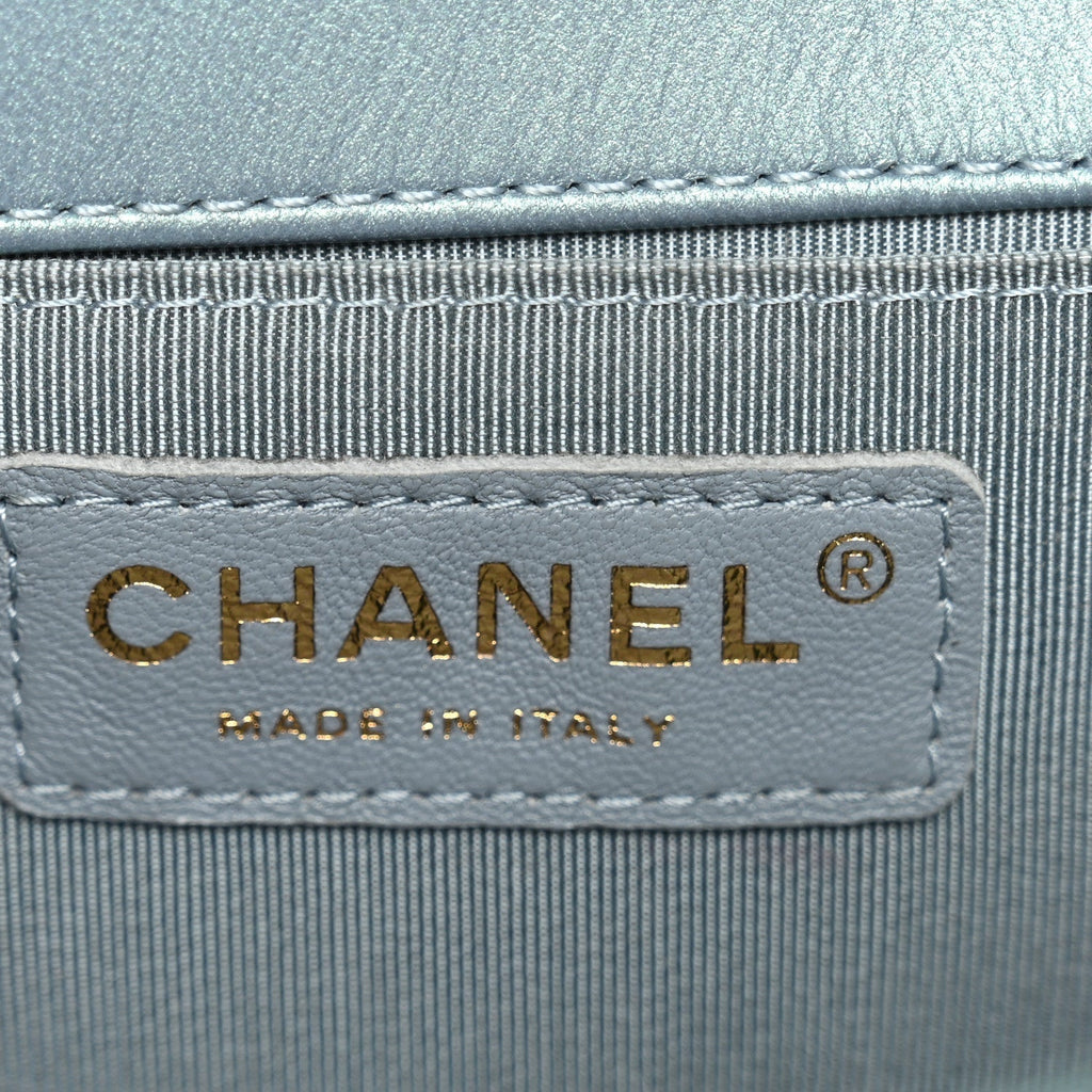 Iridescent Patent Calfskin Quilted Medium Boy Flap Light Blue