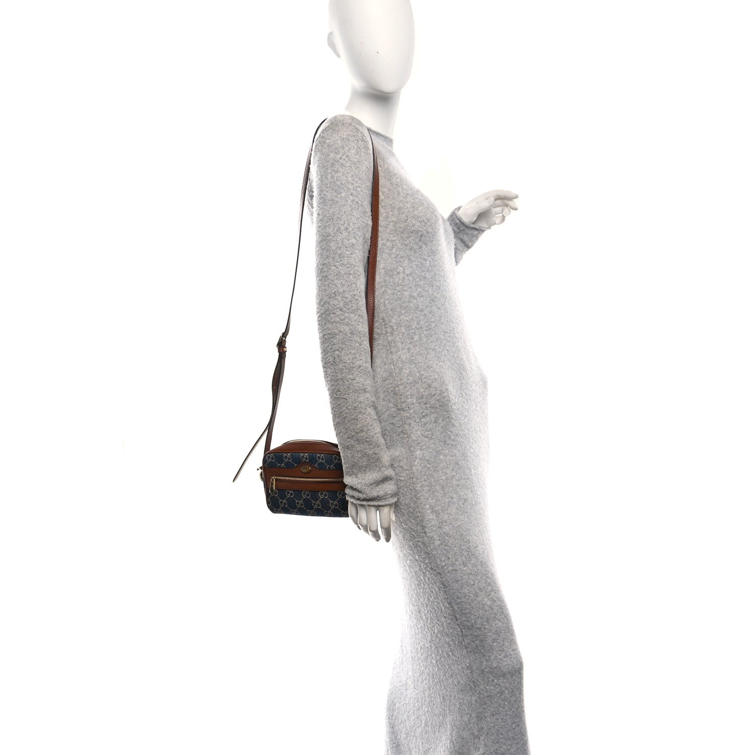 New Denim GG Monogram Dollar Calfskin Mini Ophidia Shoulder Bag Blue Tea Cuir Epilog