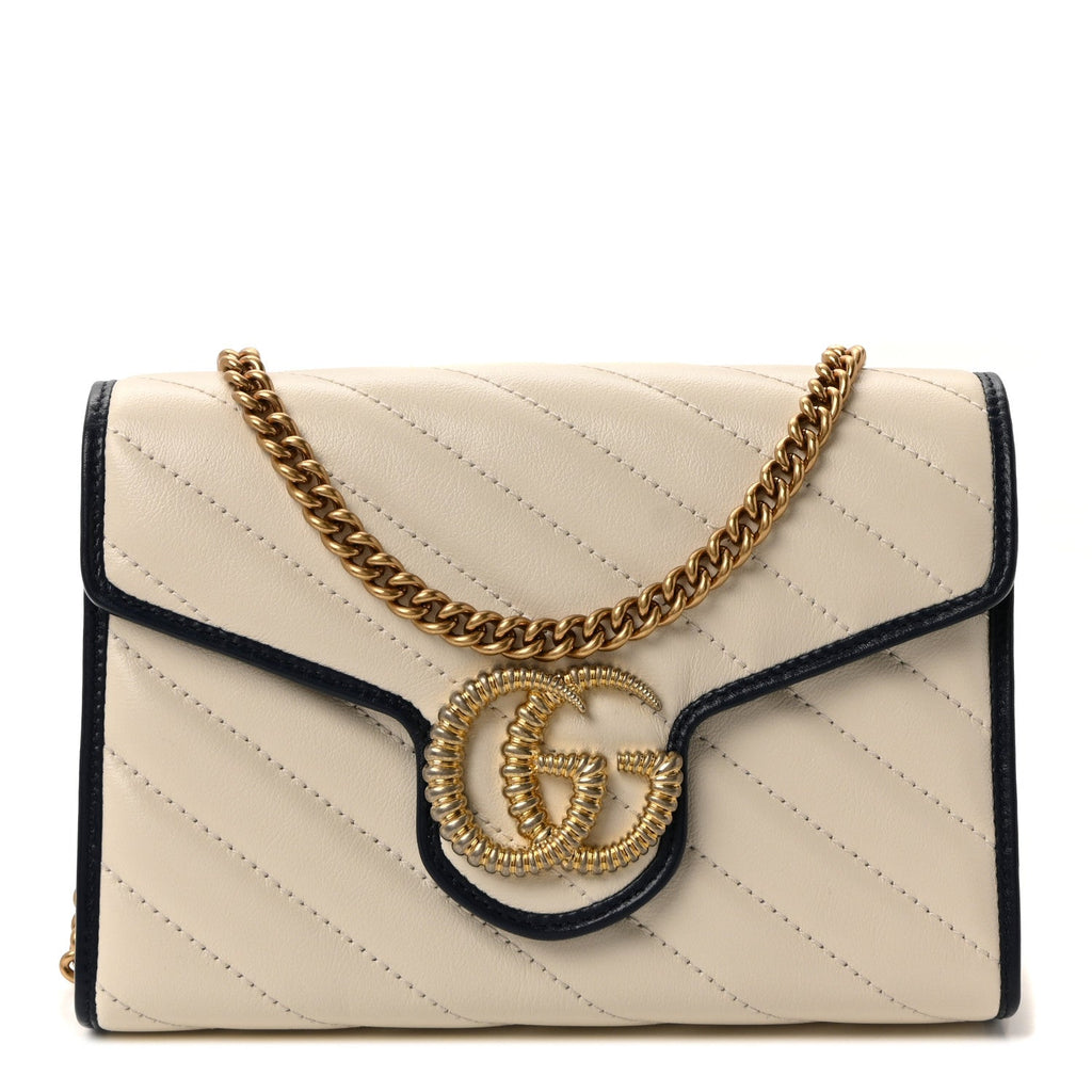 Vintage Effect Calfskin Matelasse Diagonal Torchon GG Marmont Chain Wallet Mystic White Blue Agata