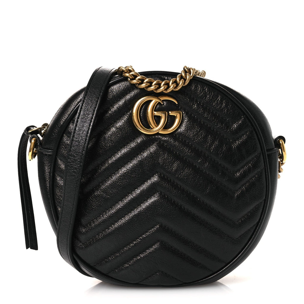 Azalea Calfskin Matelasse Heart Mini GG Marmont Round Shoulder Bag Black