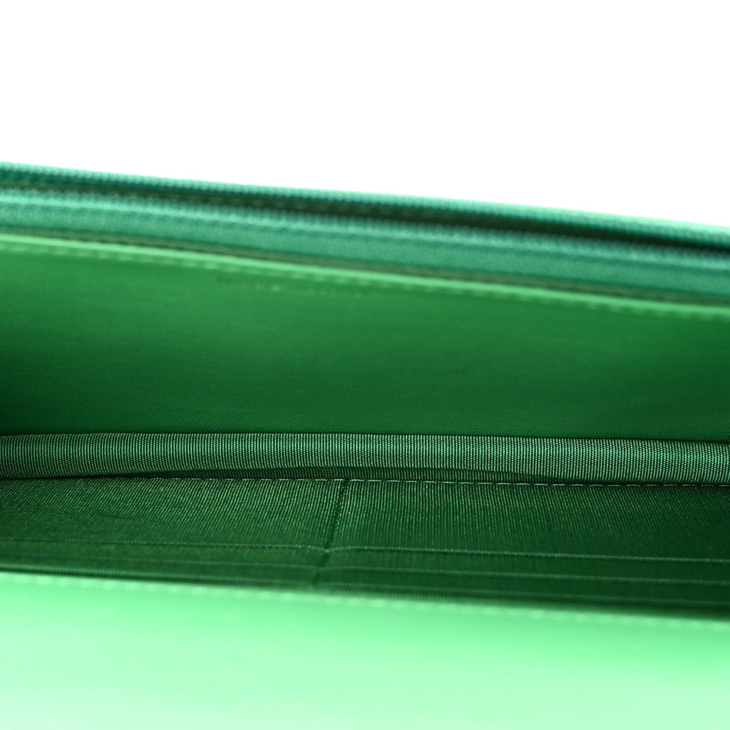 Shiny Goatskin Quilted Chanel 19 Wallet On Chain WOC Green