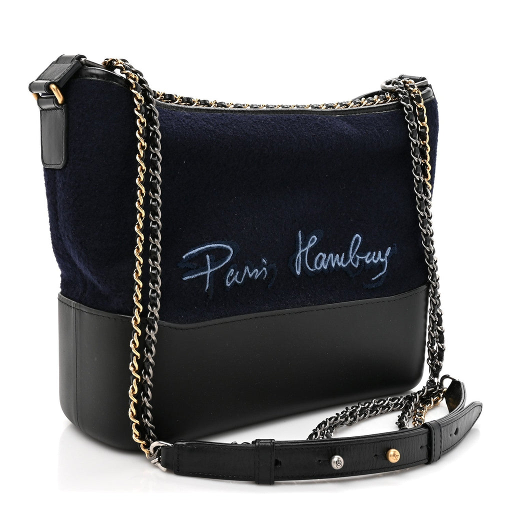 Calfskin Wool Embroidered Paris Hamburg Medium Gabrielle Hobo Dark Navy Blue