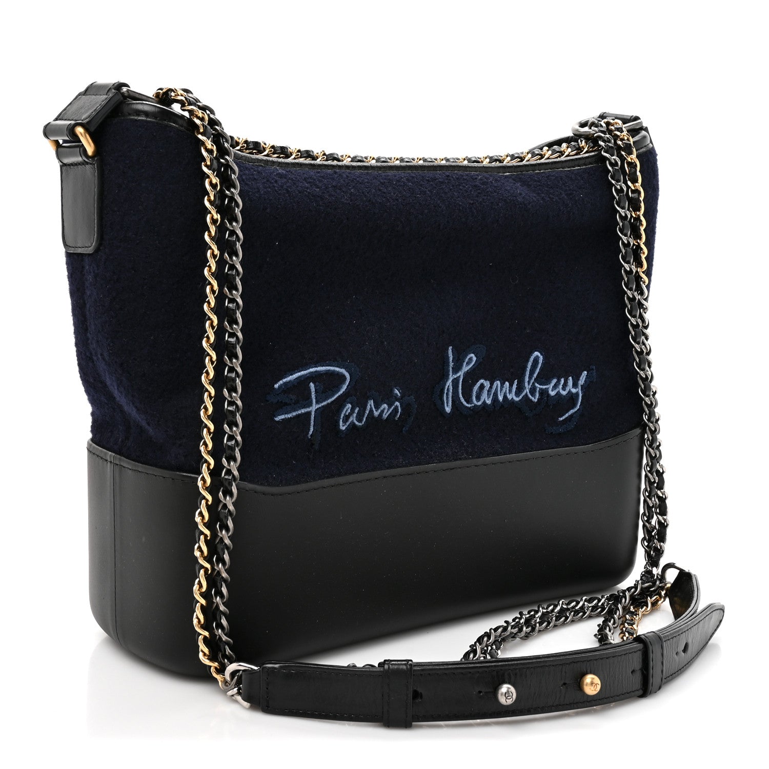 Calfskin Wool Embroidered Paris Hamburg Medium Gabrielle Hobo Dark Navy Blue