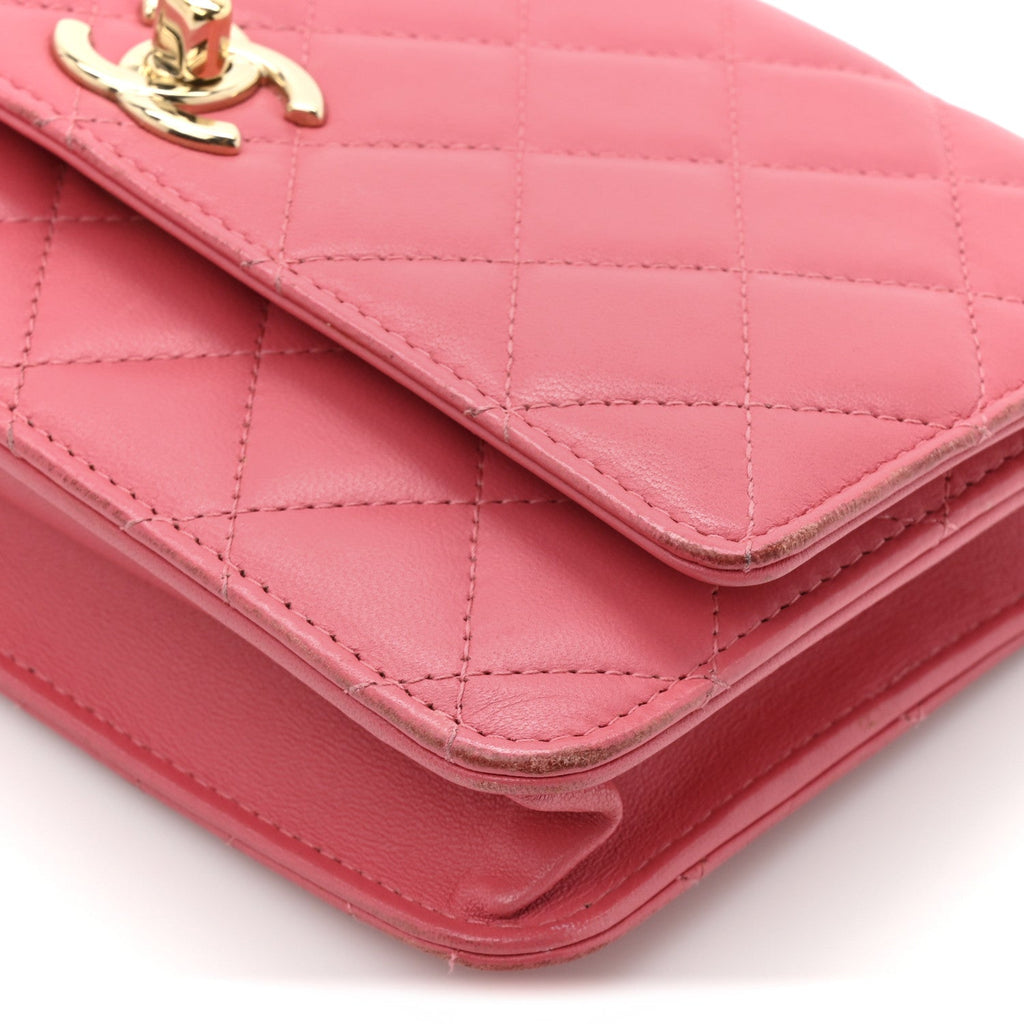 Lambskin Quilted Trendy CC Wallet On Chain WOC Bright Pink