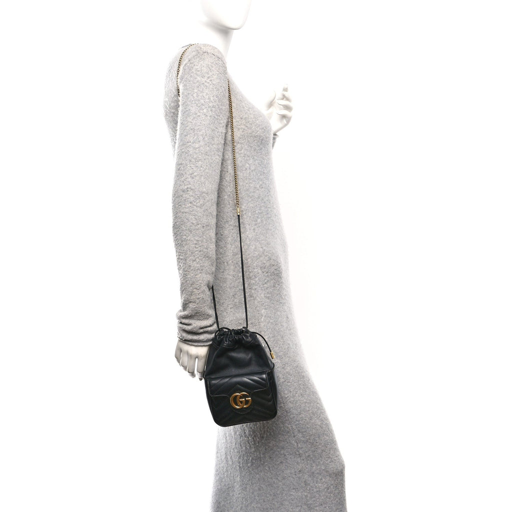 Calfskin Matelasse Front Pocket Mini GG Marmont Bucket Bag Black