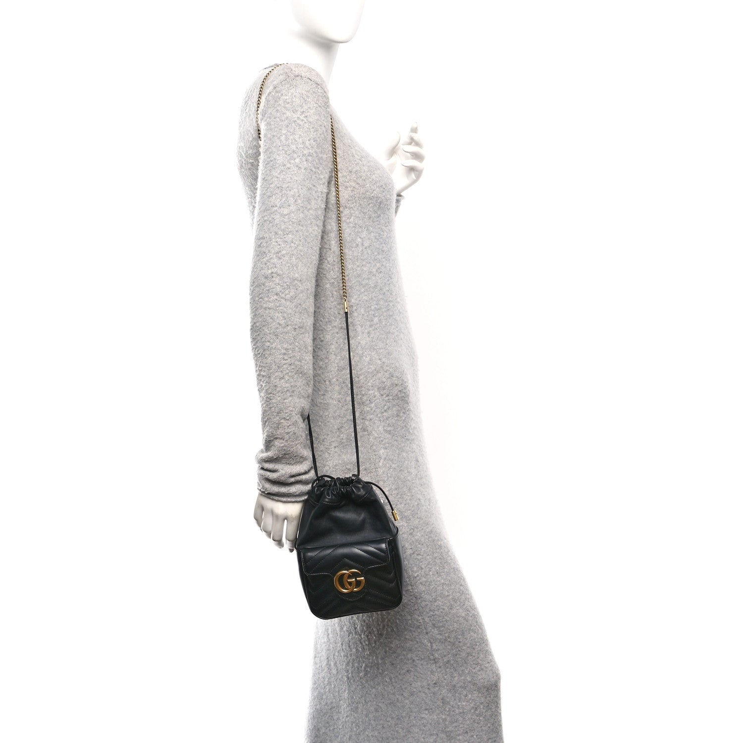 Calfskin Matelasse Front Pocket Mini GG Marmont Bucket Bag Black