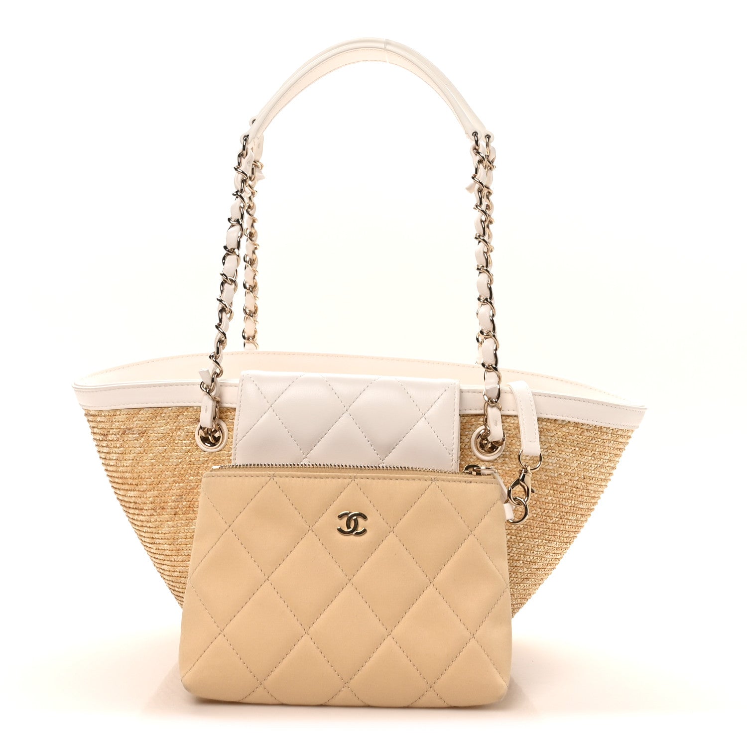 Raffia Braided Lambskin Small Shopping Tote Beige White
