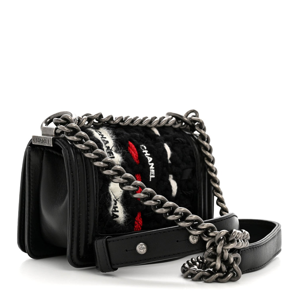Lambskin Tweed Logo Embroidered Mini Boy Flap White Red Black