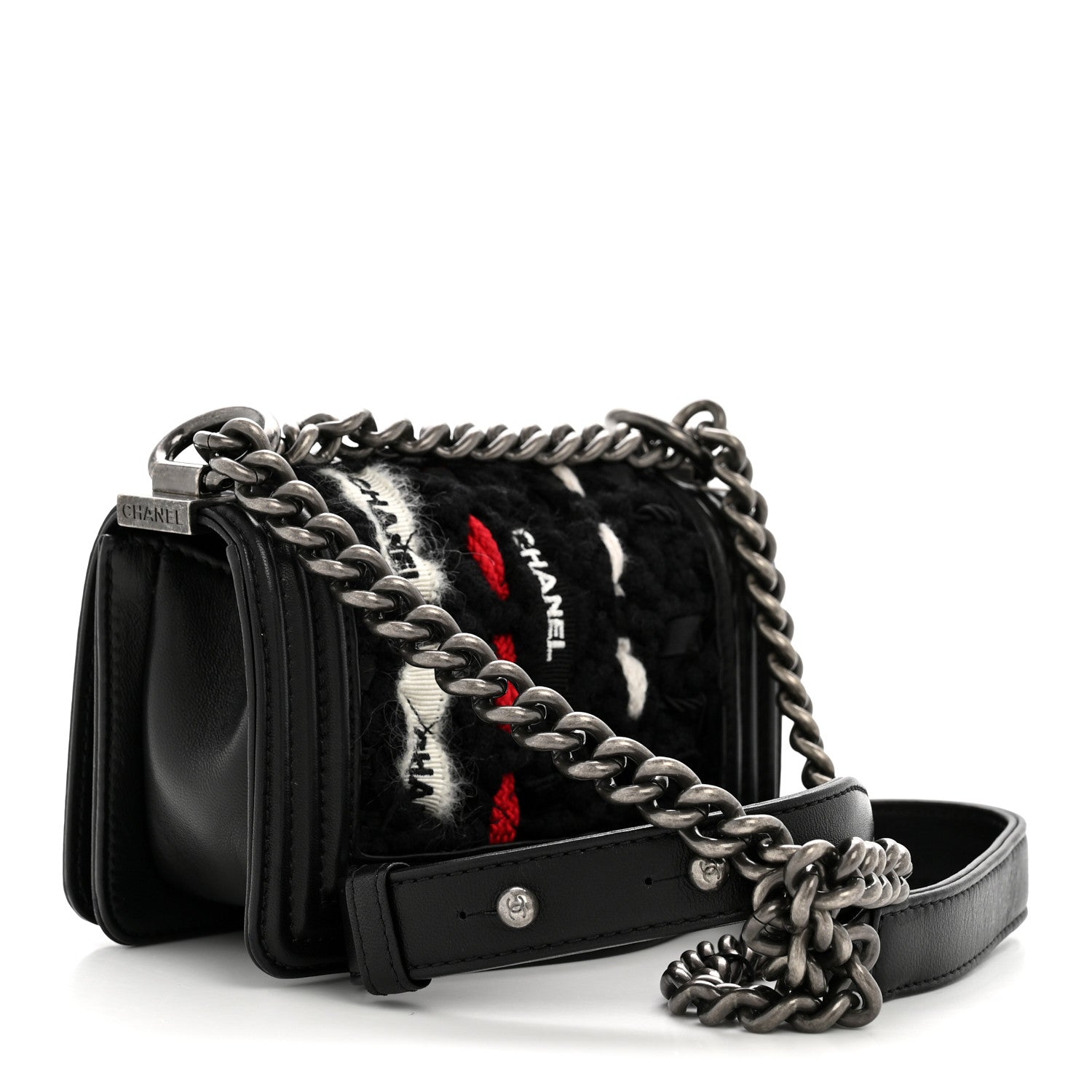 Lambskin Tweed Logo Embroidered Mini Boy Flap White Red Black