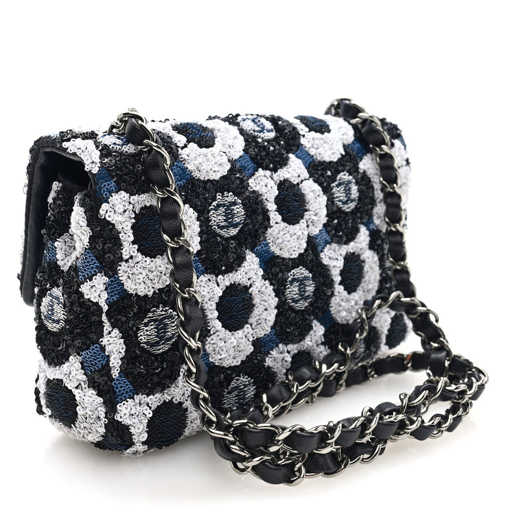 Satin Sequin Embellished Flower Mini Rectangular Flap Black White Blue