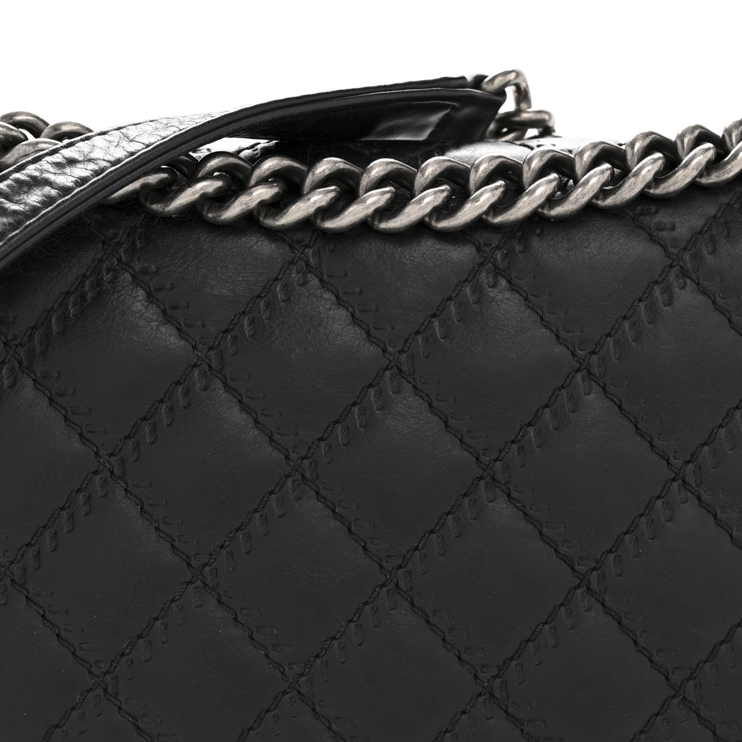 Calfskin Embossed Stitch Large Boy Flap Black