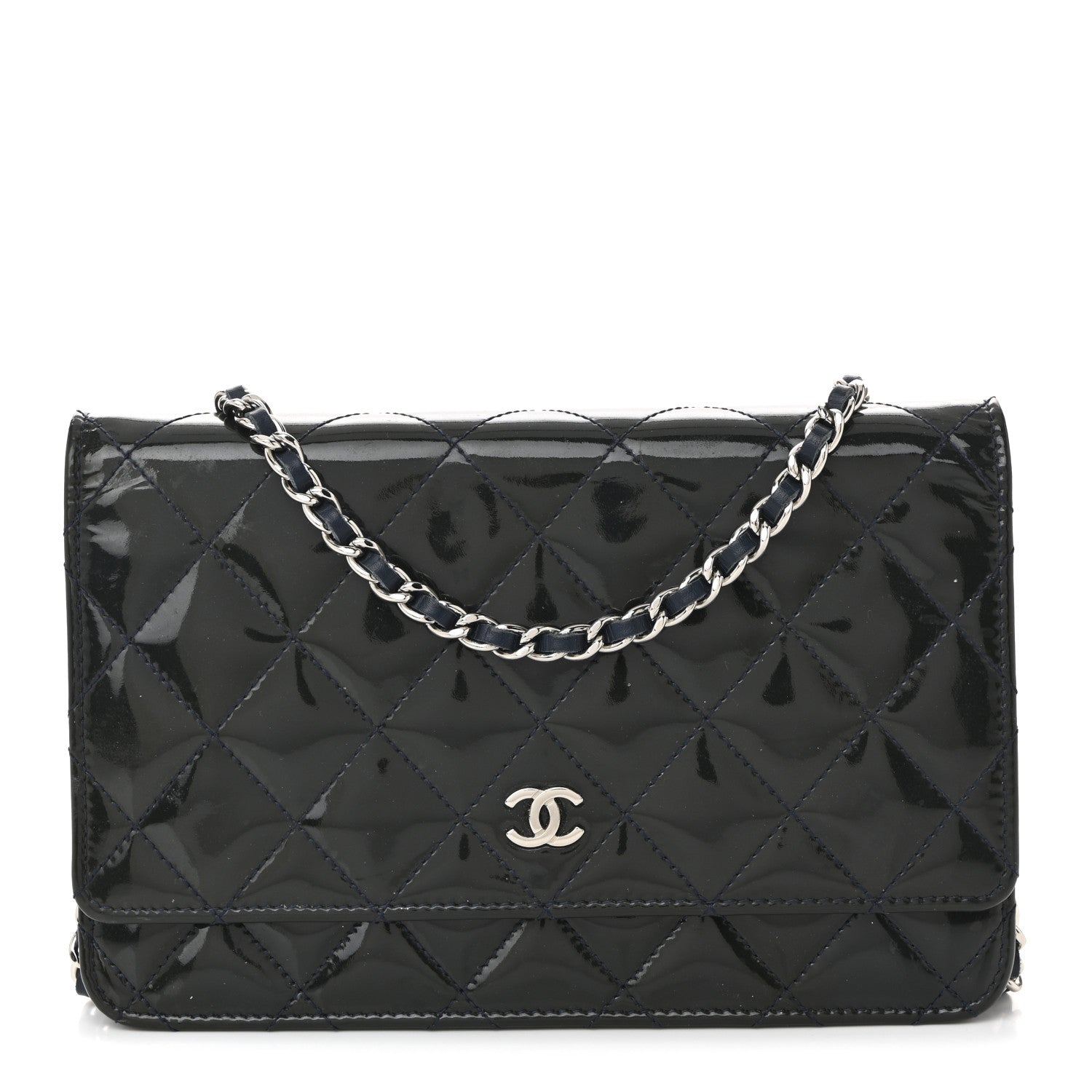 Patent Quilted Wallet On Chain WOC Navy Blue