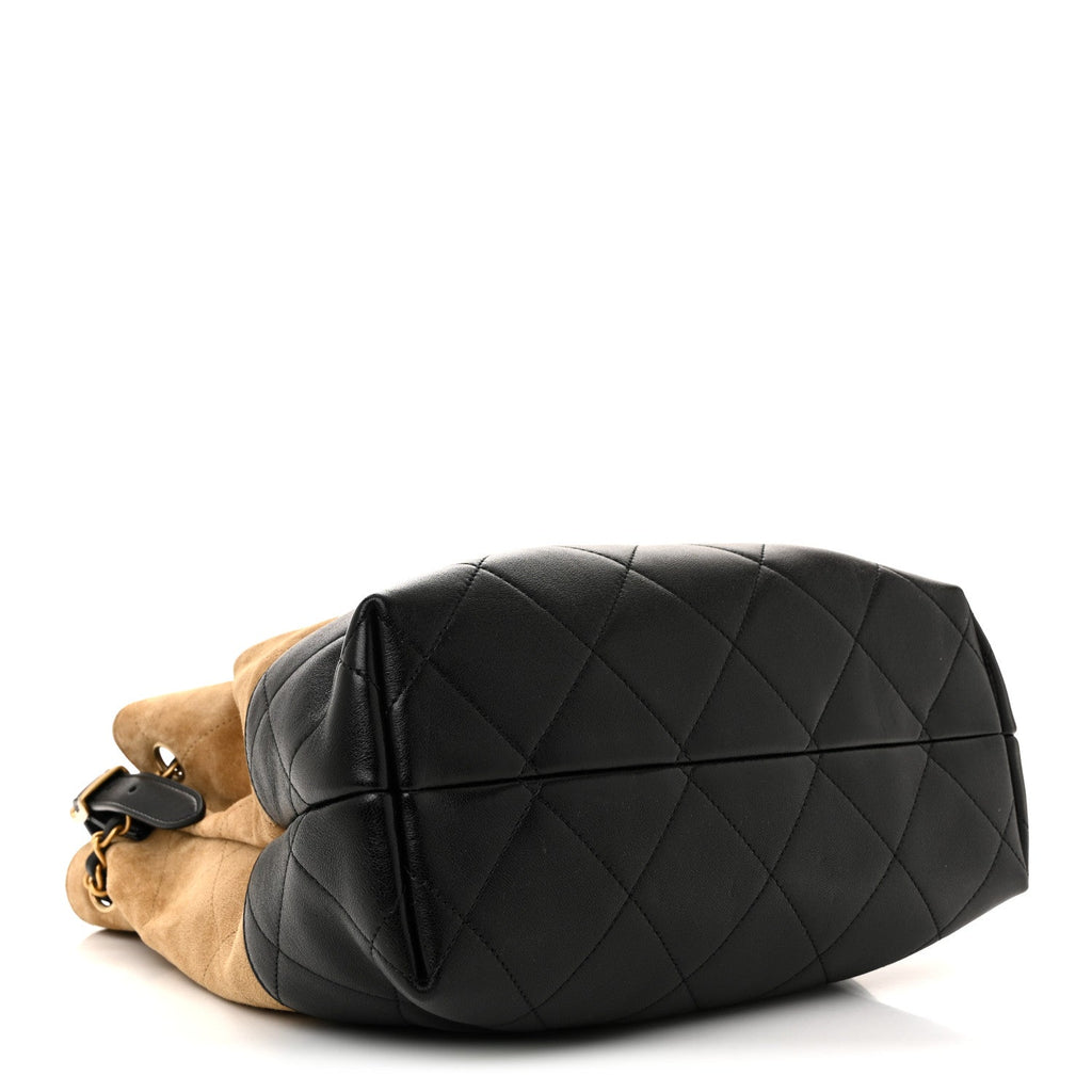 Suede Calfskin Shiny Lambskin Quilted Coco Base Shopping Bag Beige Black