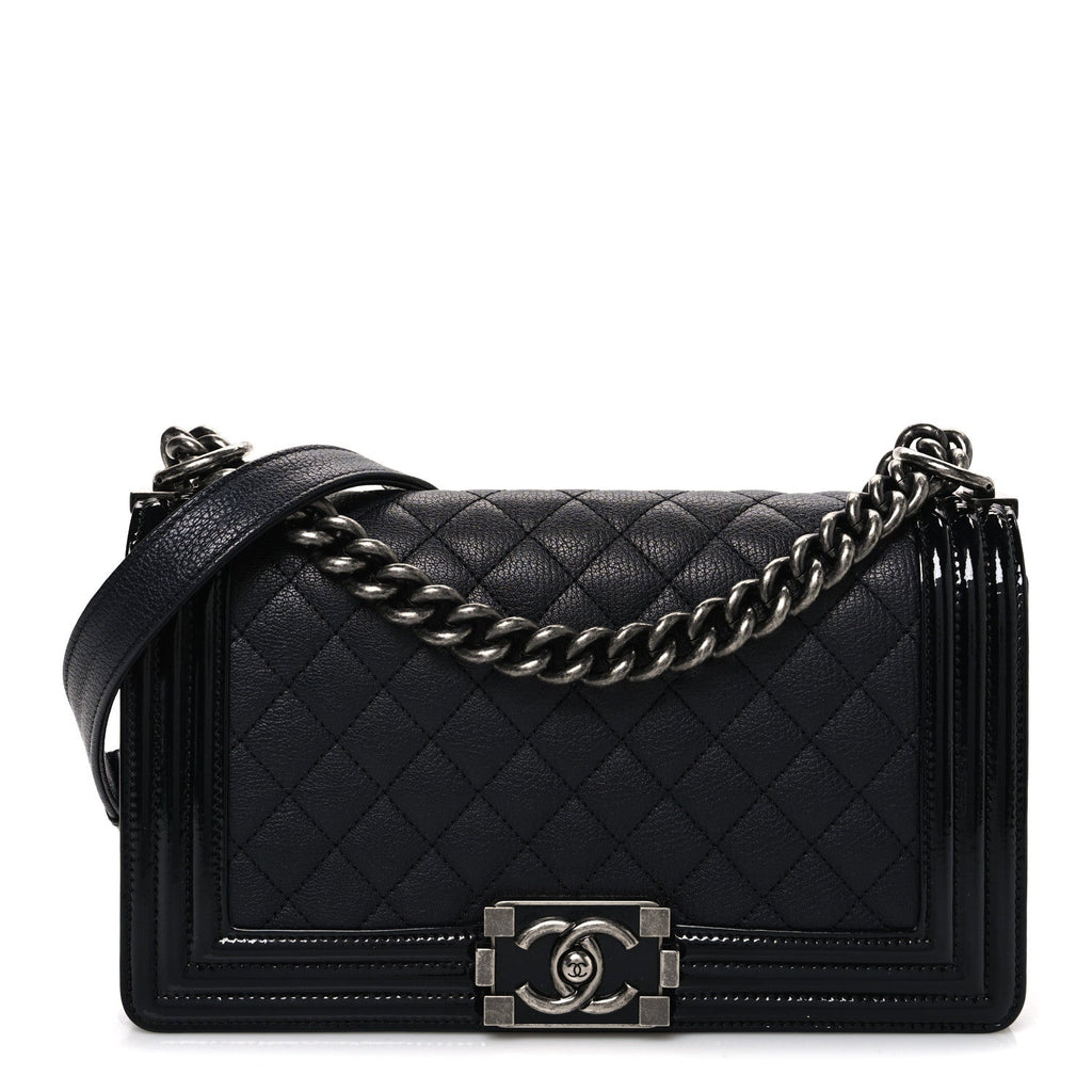 Goatskin Quilted Patent Medium Duo Boy Flap Black