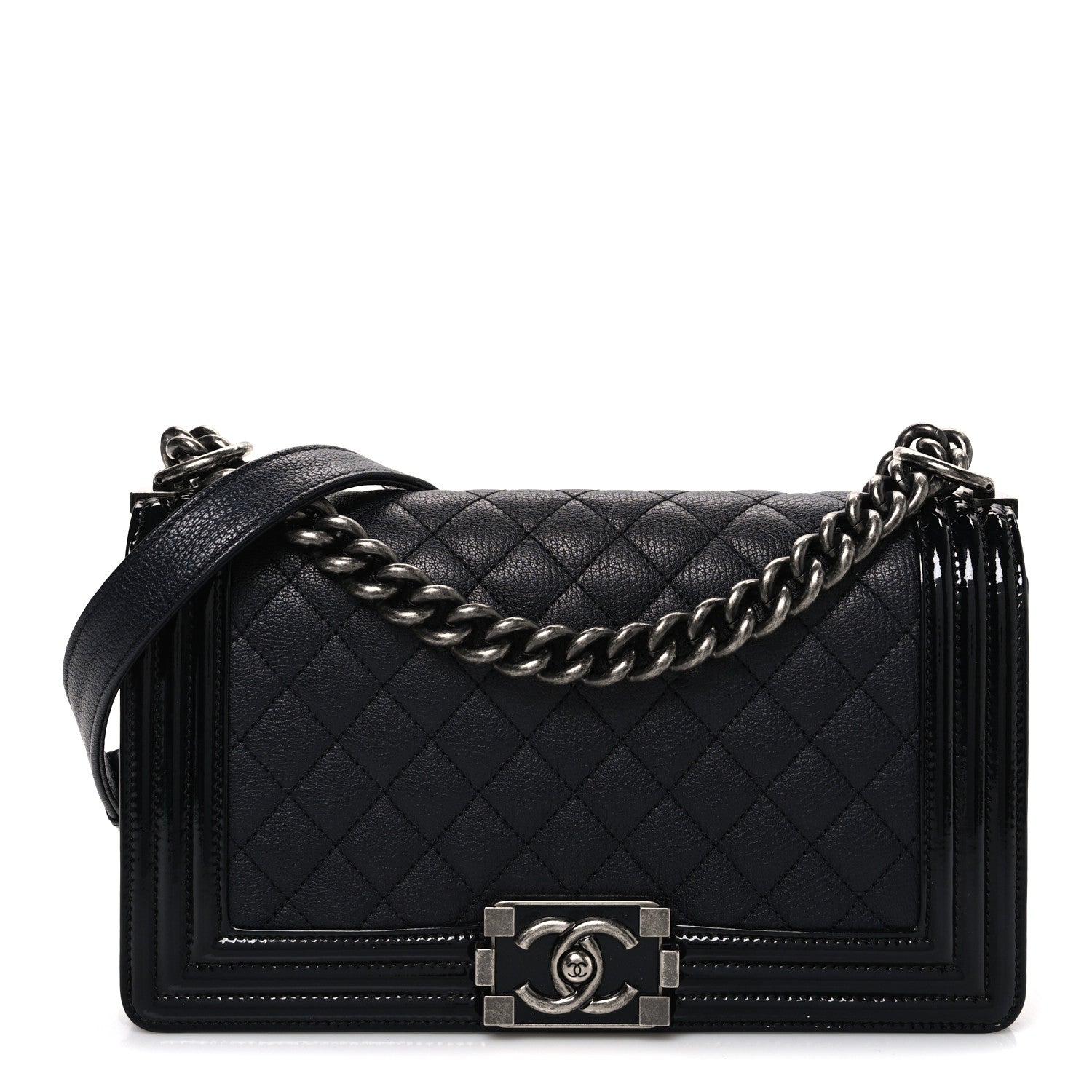 Goatskin Quilted Patent Medium Duo Boy Flap Black