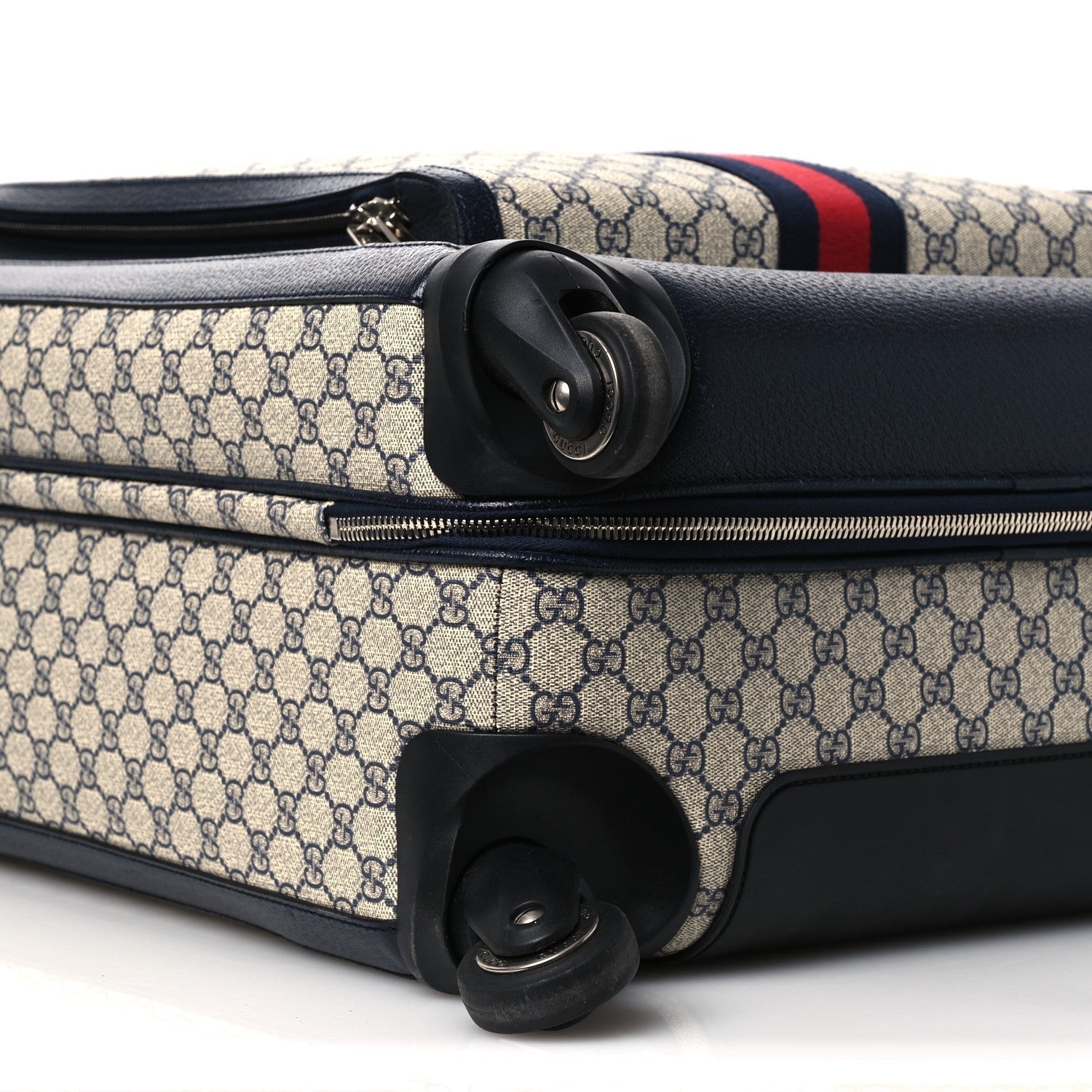 GG Supreme Monogram Textured Dollar Calfskin Web Large Savoy Trolley Suitcase Beige Blue