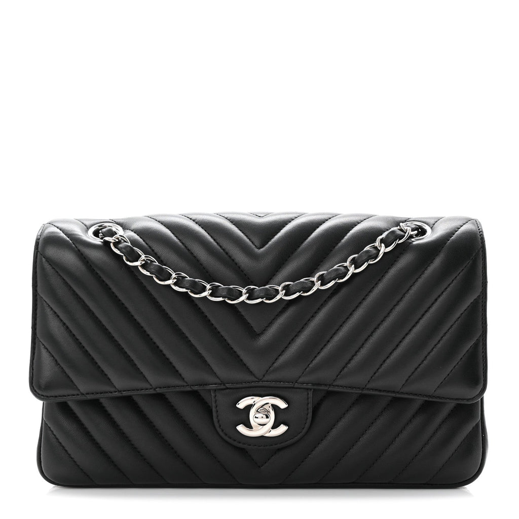 Lambskin Chevron Quilted Medium Double Flap Black