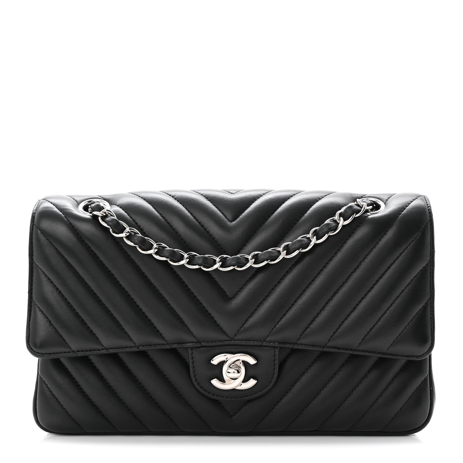 Lambskin Chevron Quilted Medium Double Flap Black