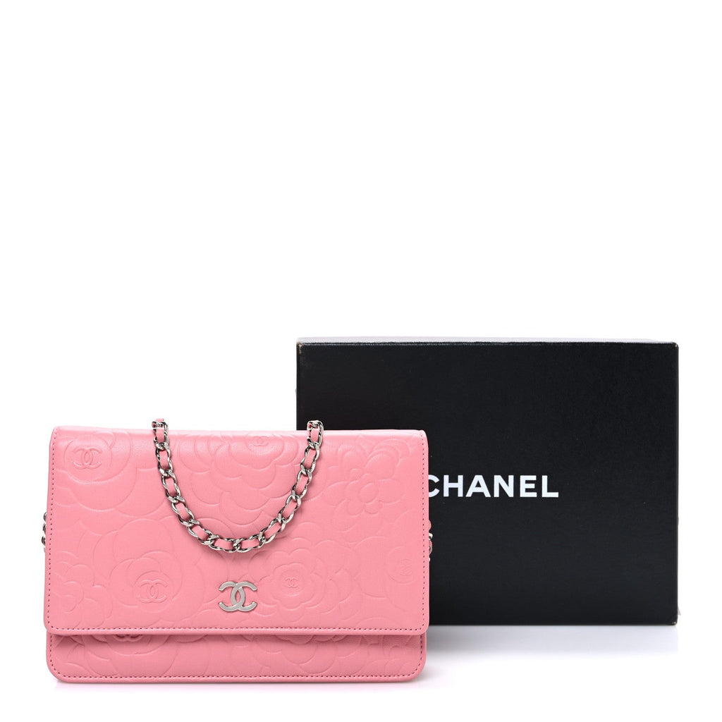 Lambskin Camellia Embossed Wallet on Chain WOC Pink