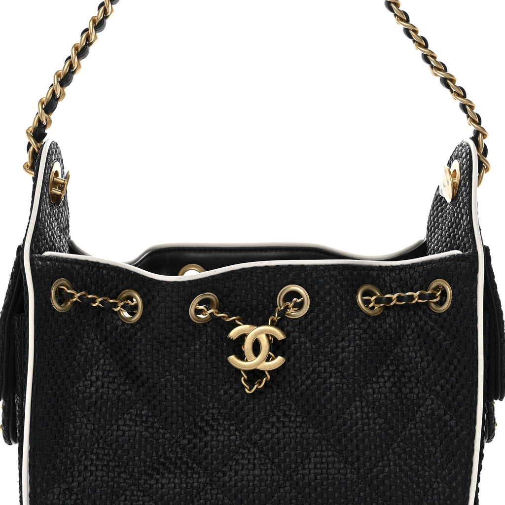 Braided Raffia Calfskin Quilted Mini Chanel 25 Handbag Black White