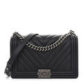 Caviar Chevron Quilted New Medium Boy Flap Dark Navy Blue