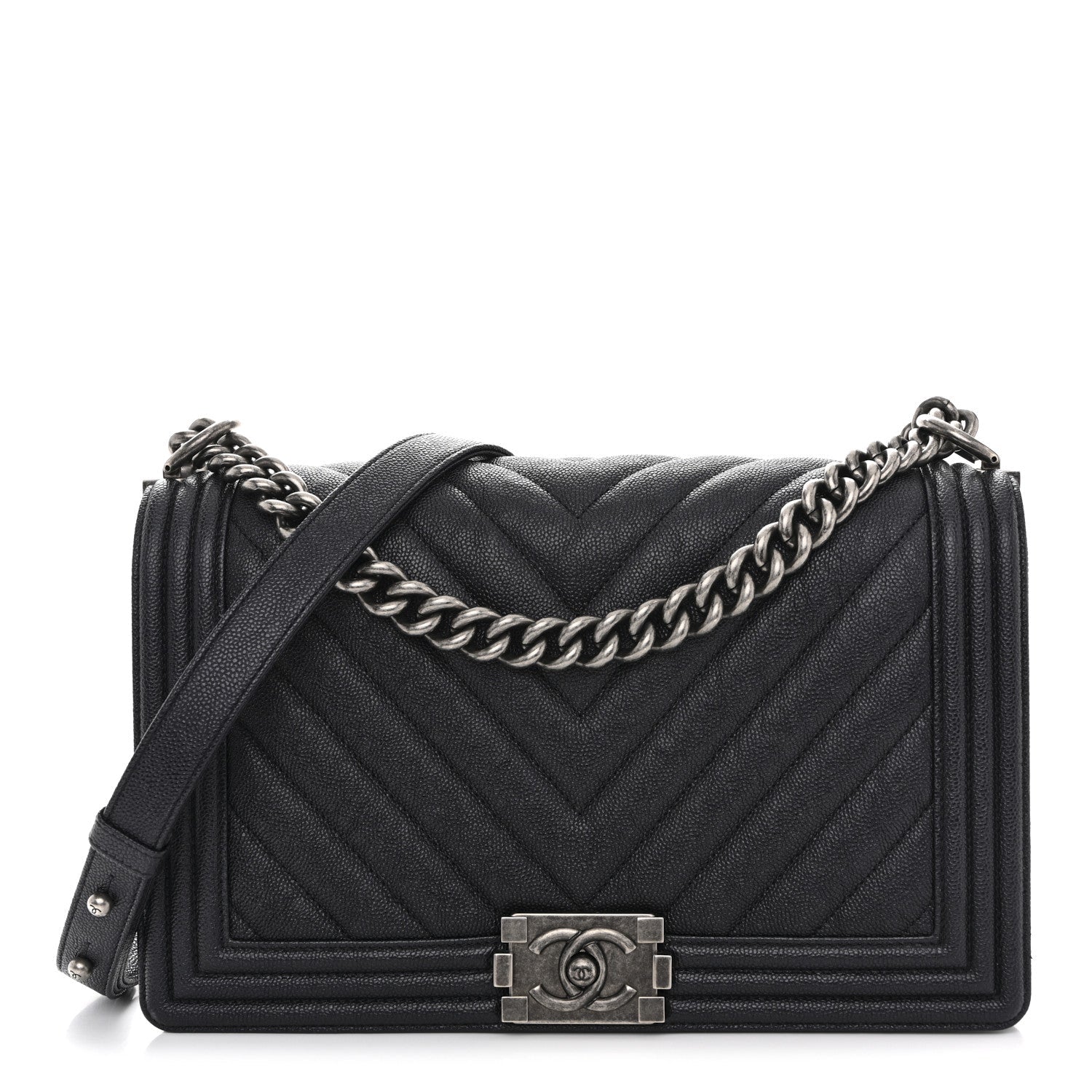 Caviar Chevron Quilted New Medium Boy Flap Dark Navy Blue