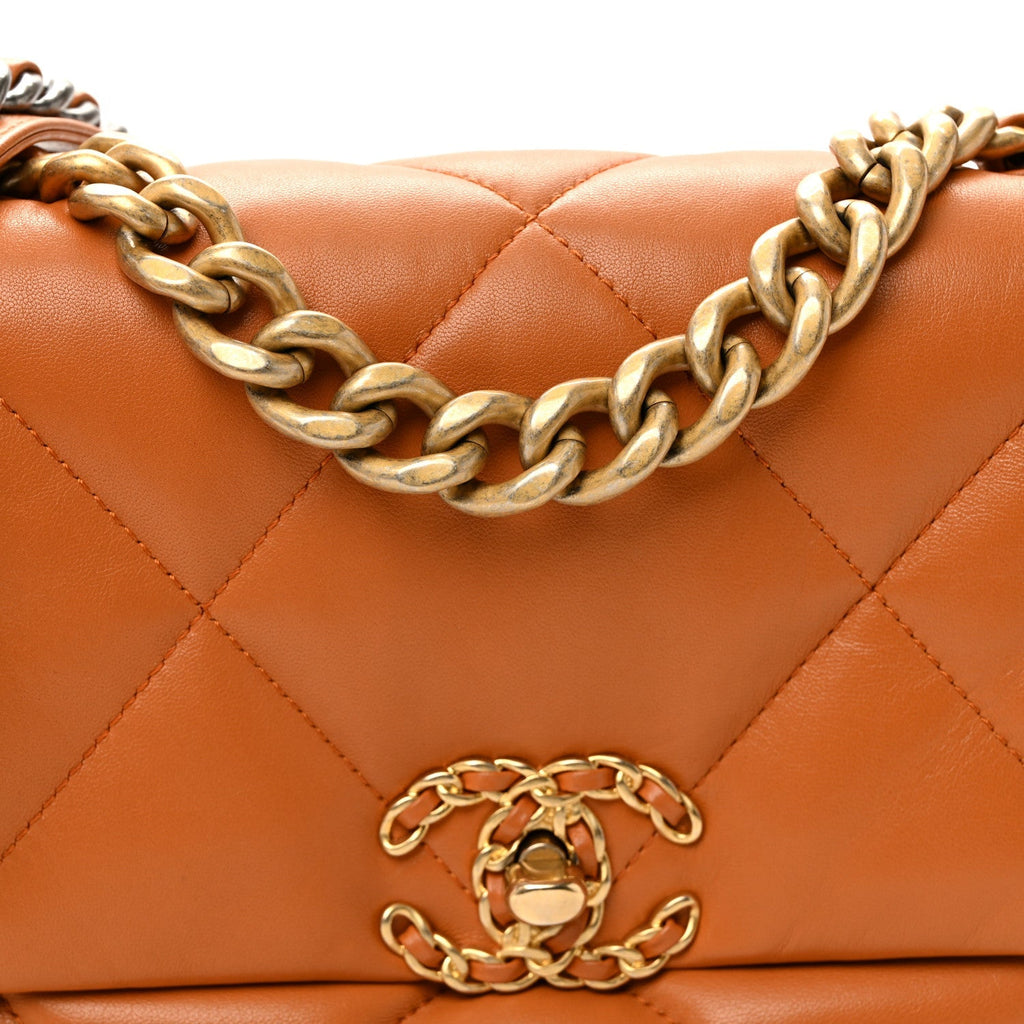 Lambskin Quilted Medium Chanel 19 Flap Light Brown