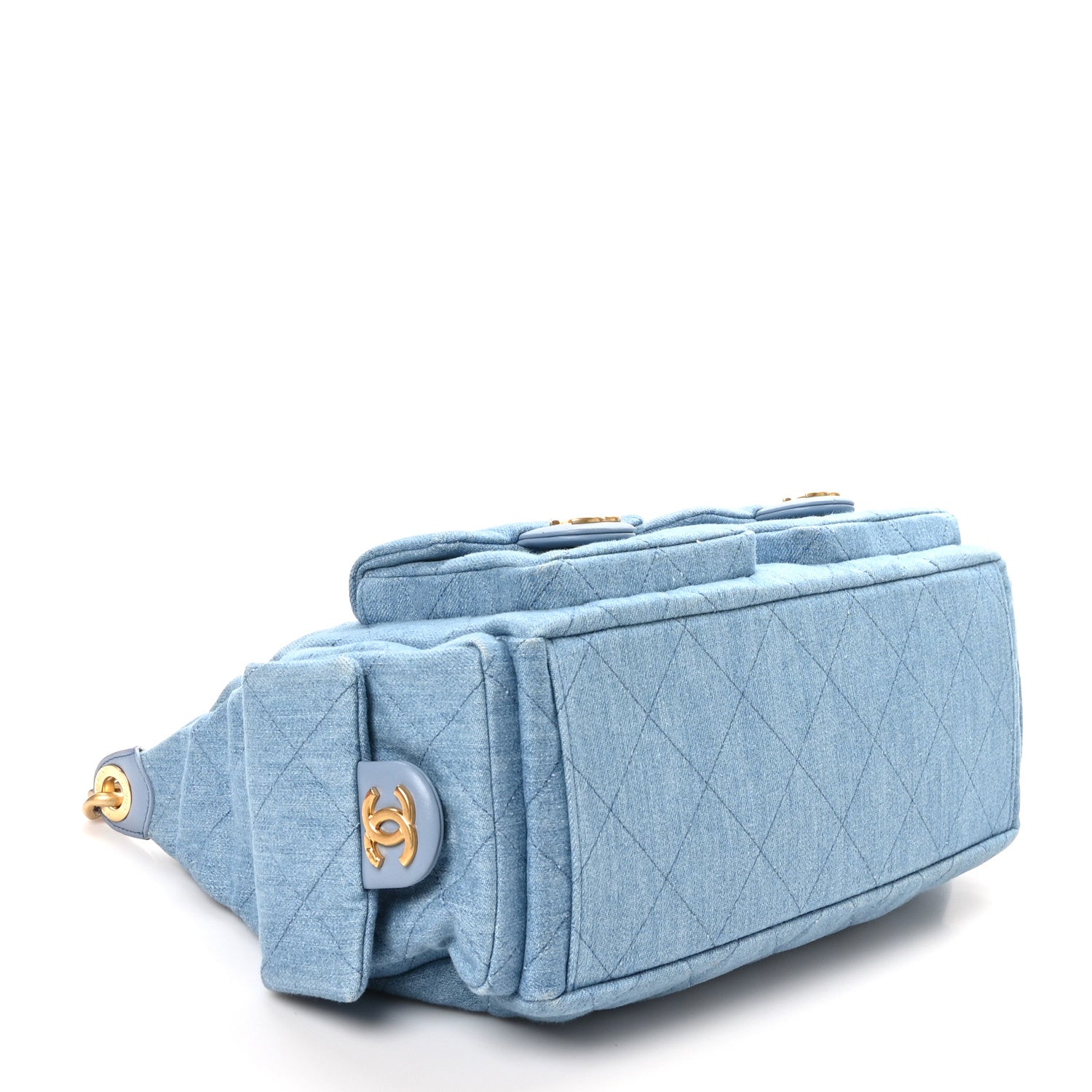 Washed Denim Quilted Large Trendy Pockets Hobo Blue