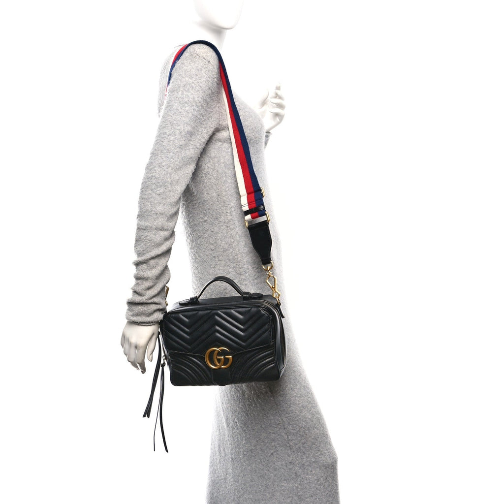 Calfskin Matelasse Sylvie Web Small GG Marmont Top Handle Shoulder Bag Black