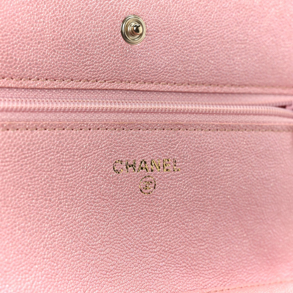 Iridescent Caviar Quilted Wallet on Chain WOC Rose Pink