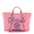 Canvas Calfskin Striped Large Deauville Tote Pink Blue