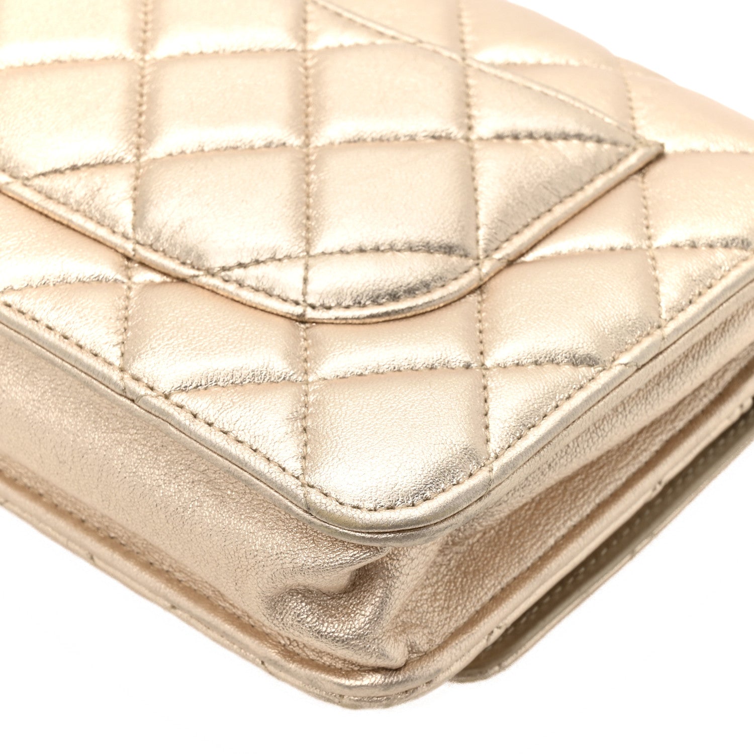 Metallic Lambskin Quilted Wallet On Chain WOC Gold Black