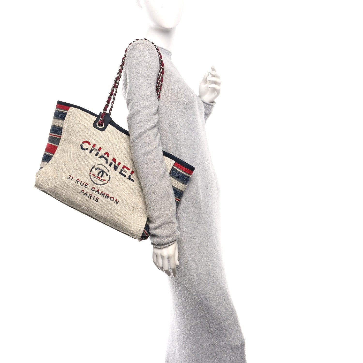 Striped Canvas Medium Deauville Tote Beige
