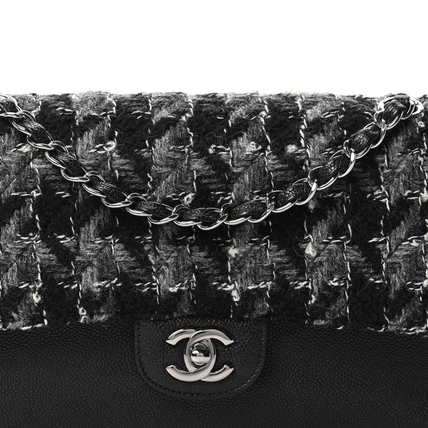 Caviar Tweed Houndstooth Quilted Medium Double Flap Black Grey