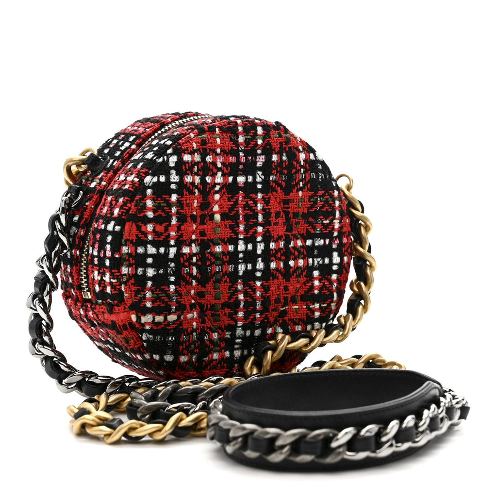 Tweed Quilted Chanel 19 Round Clutch With Chain  Red Black White Green