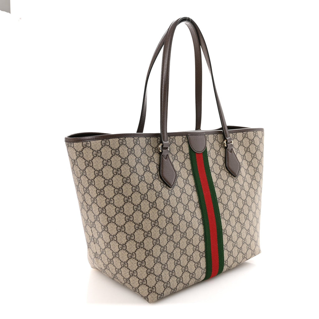 GG Supreme Monogram Calfskin Web Large Ophidia Tote Beige Dark Brown